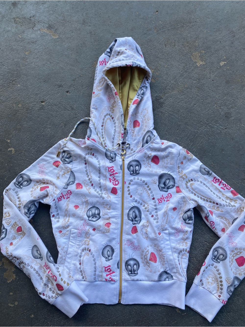 White and gold Y2K tweedy  bird Lot 29 Looney Tuned zipup hoodie